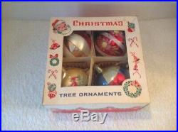 4 Vtg Jumbo Blown Glass Christmas Tree Mica Ornaments Poland Balls Santa Flower