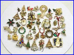 40 Vintage Christmas Brooch Lot Gold Tone Tree Angel Santa Sleigh Holly Wreath