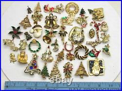 40 Vintage Christmas Brooch Lot Gold Tone Tree Angel Santa Sleigh Holly Wreath