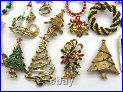 40 Vintage Christmas Brooch Lot Gold Tone Tree Angel Santa Sleigh Holly Wreath