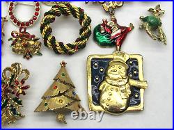 40 Vintage Christmas Brooch Lot Gold Tone Tree Angel Santa Sleigh Holly Wreath