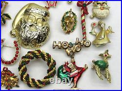 40 Vintage Christmas Brooch Lot Gold Tone Tree Angel Santa Sleigh Holly Wreath