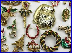 40 Vintage Christmas Brooch Lot Gold Tone Tree Angel Santa Sleigh Holly Wreath