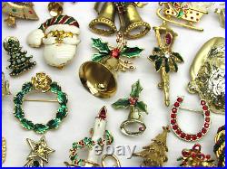 40 Vintage Christmas Brooch Lot Gold Tone Tree Angel Santa Sleigh Holly Wreath