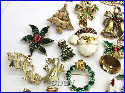 40 Vintage Christmas Brooch Lot Gold Tone Tree Angel Santa Sleigh Holly Wreath