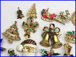 40 Vintage Christmas Brooch Lot Gold Tone Tree Angel Santa Sleigh Holly Wreath