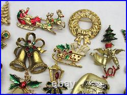 40 Vintage Christmas Brooch Lot Gold Tone Tree Angel Santa Sleigh Holly Wreath