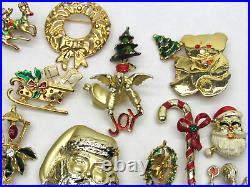 40 Vintage Christmas Brooch Lot Gold Tone Tree Angel Santa Sleigh Holly Wreath