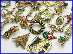 40 Vintage Christmas Brooch Lot Gold Tone Tree Angel Santa Sleigh Holly Wreath