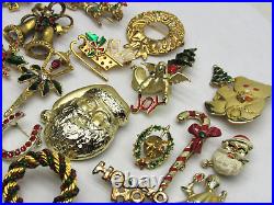 40 Vintage Christmas Brooch Lot Gold Tone Tree Angel Santa Sleigh Holly Wreath