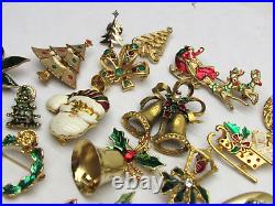 40 Vintage Christmas Brooch Lot Gold Tone Tree Angel Santa Sleigh Holly Wreath