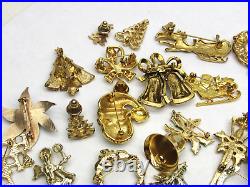 40 Vintage Christmas Brooch Lot Gold Tone Tree Angel Santa Sleigh Holly Wreath