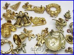 40 Vintage Christmas Brooch Lot Gold Tone Tree Angel Santa Sleigh Holly Wreath