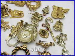 40 Vintage Christmas Brooch Lot Gold Tone Tree Angel Santa Sleigh Holly Wreath