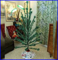 5.5ft Vintage Green Aluminum Christmas Tree Retro 1950s Metal Snow Scene Stand