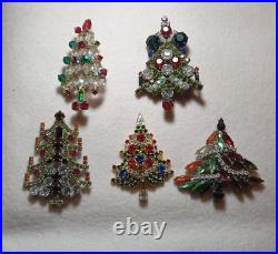 5 Vintage Christmas Tree Pin Brooches with prong set rhinestones. Great