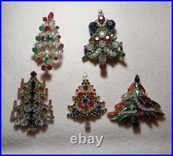 5 Vintage Christmas Tree Pin Brooches with prong set rhinestones. Great