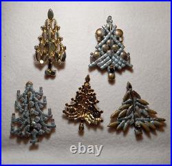 5 Vintage Christmas Tree Pin Brooches with prong set rhinestones. Great