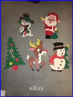 5 Vintage Melted Plastic Popcorn Christmas Decoration Santa Rudolph Snowman Tree