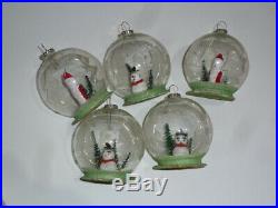 5 Vtg Bottle Brush Tree Snowman Mica Glass Diorama X-mas Ball Ornaments Japan