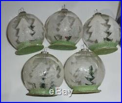 5 Vtg Bottle Brush Tree Snowman Mica Glass Diorama X-mas Ball Ornaments Japan