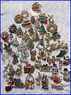 50 Vintage Now Christmas Brooch Rhinestone Enamel Tree Santa Reindeer Wreath Lot