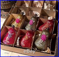 6 Antique Vtg Early 1900s German Xmas Rose Bell Glass Feather Tree Ornaments