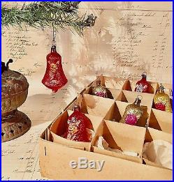 6 Antique Vtg Early 1900s German Xmas Rose Bell Glass Feather Tree Ornaments
