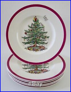 6 Rare VTG Copeland SPODE Christmas Tree Magenta Rim 10 5/8 Dinner Plates