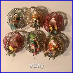 6 Vintage Elf Pixie Gnomes Christmas Tree Ornaments CHENILLE ALUMINUM Mesh Frame