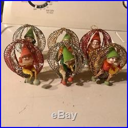 6 Vintage Elf Pixie Gnomes Christmas Tree Ornaments CHENILLE ALUMINUM Mesh Frame