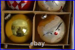 6 Vintage Glass Santa Face Glitter Christmas Tree Ornaments & Shiny Brite Box