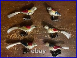 6 Vintage Hand Blown Glass Bird Clip Christmas Tree Ornaments