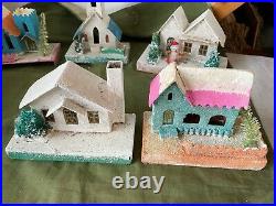 7 Large Vintage Mica Cardboard Christmas Village Japan Church Trees Santa