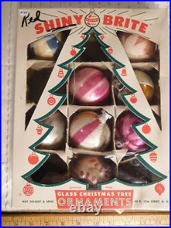 8 Shiny Brite Round Decorated Vintage Poland Christmas Tree Ornaments in Box
