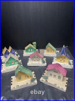 8 Vintage Cardboard Christmas Tree Putz Houses withOriginal Box Mica & Snow