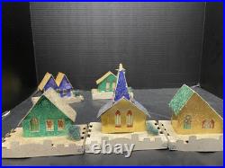 8 Vintage Cardboard Christmas Tree Putz Houses withOriginal Box Mica & Snow