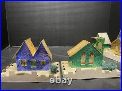 8 Vintage Cardboard Christmas Tree Putz Houses withOriginal Box Mica & Snow