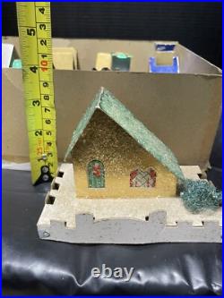 8 Vintage Cardboard Christmas Tree Putz Houses withOriginal Box Mica & Snow