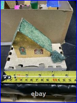 8 Vintage Cardboard Christmas Tree Putz Houses withOriginal Box Mica & Snow