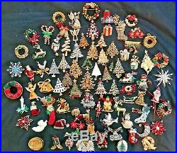 85 Vintage Christmas Brooch Lot Rhinestone Enamel Tree Wreath + Eisenberg ART JJ