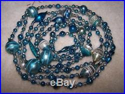 9' Antique Vtg SIlver Blue Shape Bead Mercury Glass Xmas Feather Tree Garland