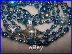 9' Antique Vtg SIlver Blue Shape Bead Mercury Glass Xmas Feather Tree Garland