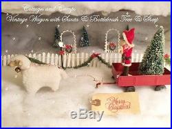 Adorable Vtg Metal Wagon Putz Sheep Santa Xmas Bottlebrush Tree Primitive Style