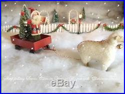 Adorable Vtg Metal Wagon Putz Sheep Santa Xmas Bottlebrush Tree Primitive Style