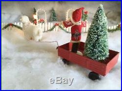 Adorable Vtg Metal Wagon Putz Sheep Santa Xmas Bottlebrush Tree Primitive Style
