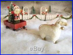 Adorable Vtg Metal Wagon Putz Sheep Santa Xmas Bottlebrush Tree Primitive Style