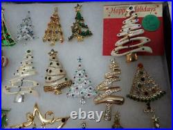 Amazing Vintage Lot 52 Rhinestone Signed Christmas Pins Brooches Trees Bells