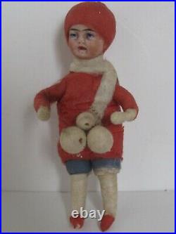 Antique Cotton Batting Snow Ball Girl with Bisque Face Christmas Tree Ornament