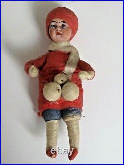 Antique Cotton Batting Snow Ball Girl with Bisque Face Christmas Tree Ornament